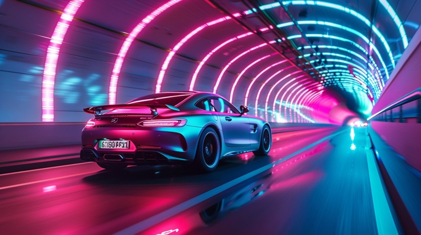 A luxury car driving through a tunnel illuminated by colorful LED lights Aesthetics (85)