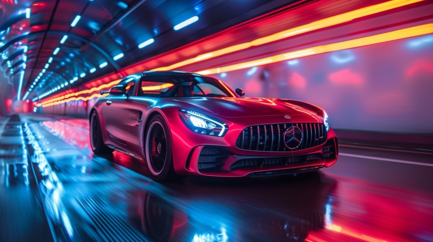 A luxury car driving through a tunnel illuminated by colorful LED lights Aesthetics (72)