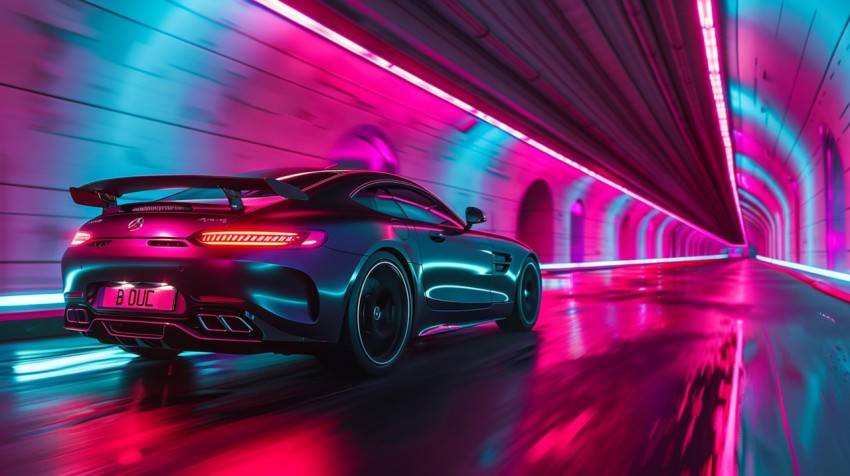 A luxury car driving through a tunnel illuminated by colorful LED lights Aesthetics (112)