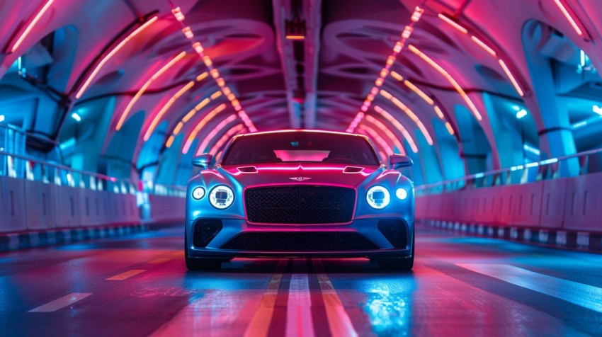 A luxury car driving through a tunnel illuminated by colorful LED lights Aesthetics (109)