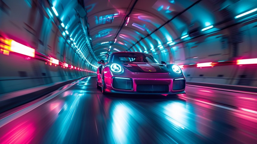 A luxury car driving through a tunnel illuminated by colorful LED lights Aesthetics (106)