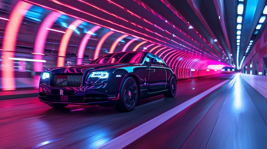 A luxury car driving through a tunnel illuminated by colorful LED lights Aesthetics (140)