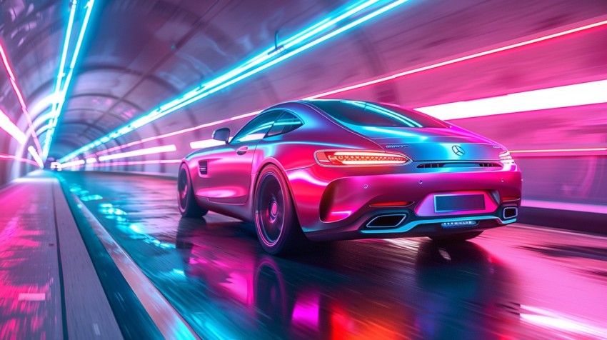 A luxury car driving through a tunnel illuminated by colorful LED lights Aesthetics (145)