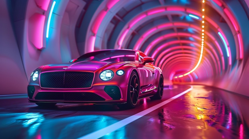 A luxury car driving through a tunnel illuminated by colorful LED lights Aesthetics (219)