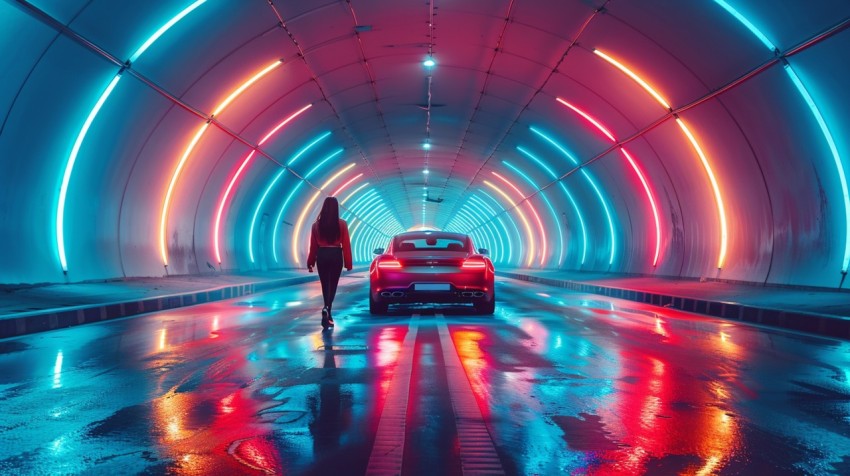 A luxury car driving through a tunnel illuminated by colorful LED lights Aesthetics (215)