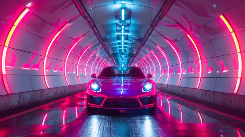 A luxury car driving through a tunnel illuminated by colorful LED lights Aesthetics (213)