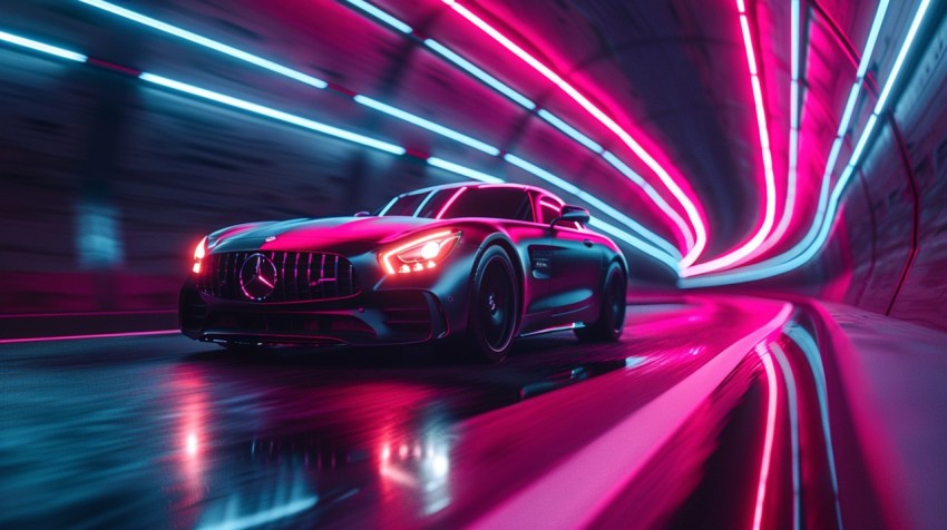 A luxury car driving through a tunnel illuminated by colorful LED lights Aesthetics (229)