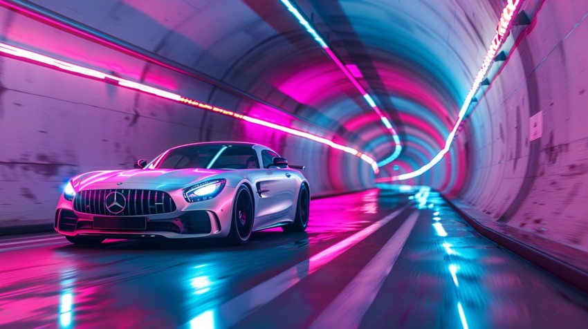 A luxury car driving through a tunnel illuminated by colorful LED lights Aesthetics (232)