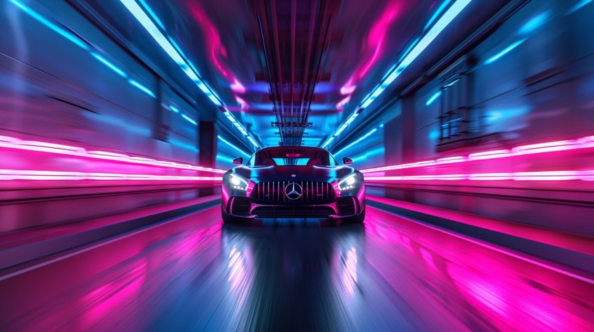 A luxury car driving through a tunnel illuminated by colorful LED lights Aesthetics (250)