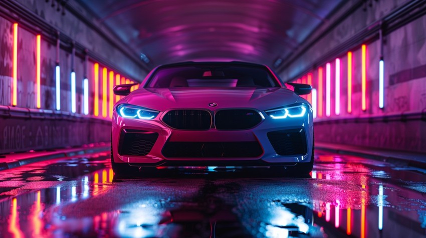 A luxury car driving through a tunnel illuminated by colorful LED lights Aesthetics (268)