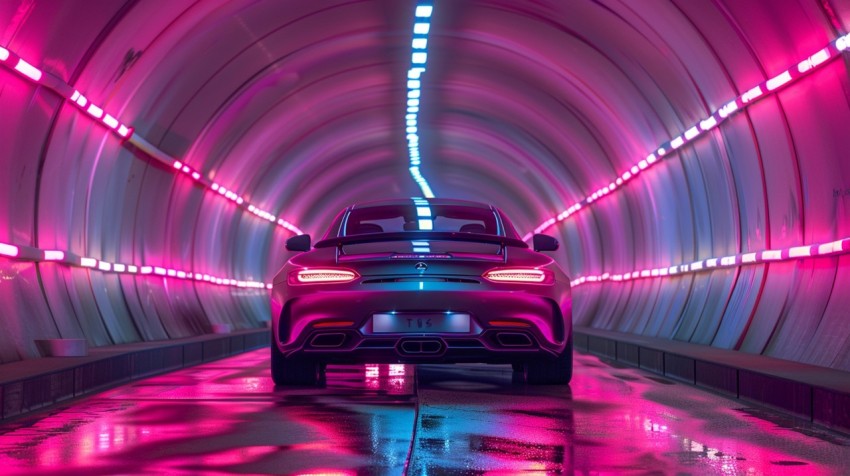 A luxury car driving through a tunnel illuminated by colorful LED lights Aesthetics (292)
