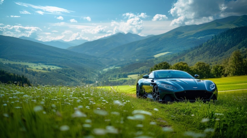 A luxury car parked in a lush green field, with mountains and a clear blue sky in the background Aesthetics (21)