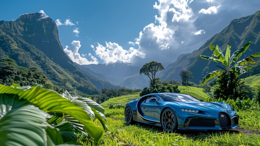 A luxury car parked in a lush green field, with mountains and a clear blue sky in the background Aesthetics (28)