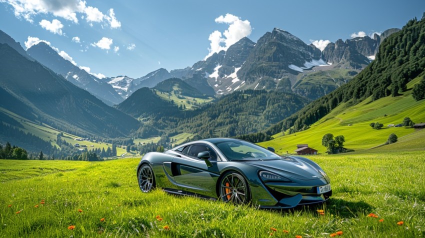 A luxury car parked in a lush green field, with mountains and a clear blue sky in the background Aesthetics (18)