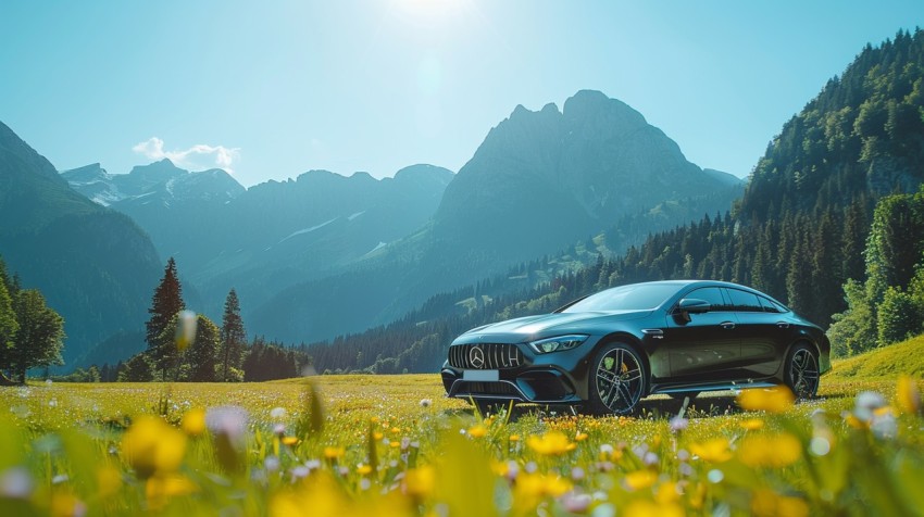 A luxury car parked in a lush green field, with mountains and a clear blue sky in the background Aesthetics (43)