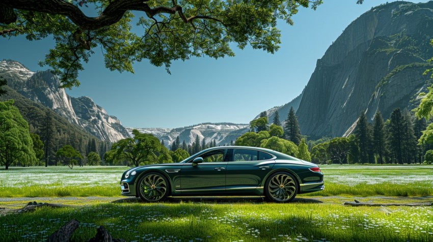 A luxury car parked in a lush green field, with mountains and a clear blue sky in the background Aesthetics (32)