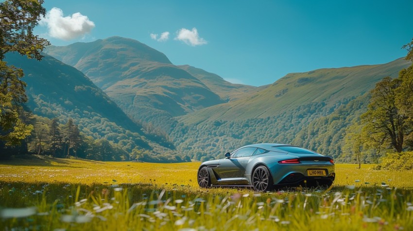 A luxury car parked in a lush green field, with mountains and a clear blue sky in the background Aesthetics (59)