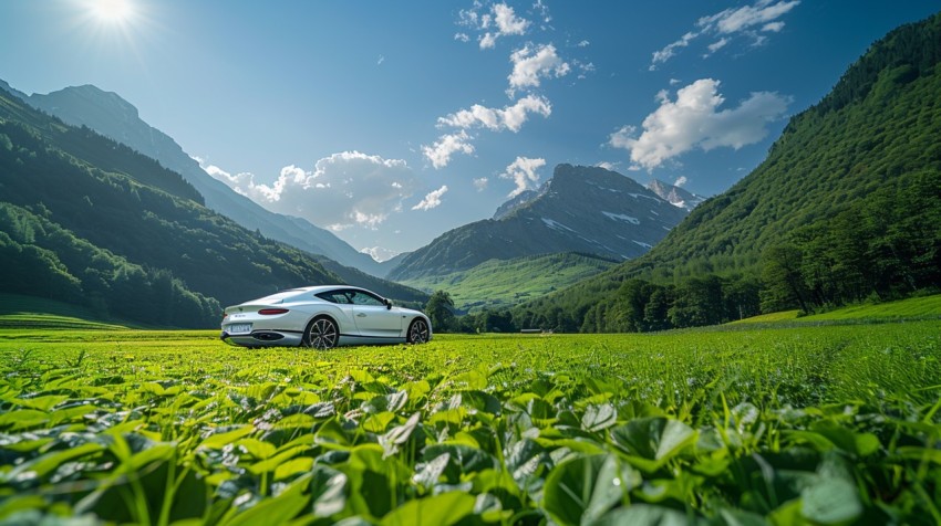 A luxury car parked in a lush green field, with mountains and a clear blue sky in the background Aesthetics (57)