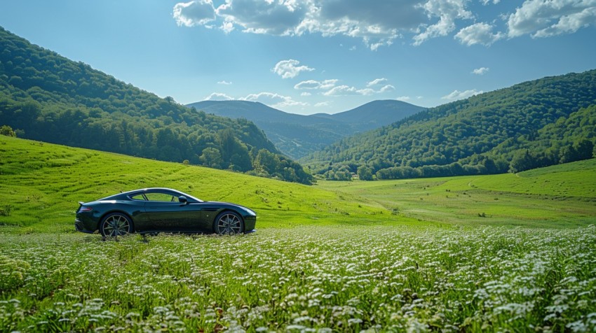 A luxury car parked in a lush green field, with mountains and a clear blue sky in the background Aesthetics (40)