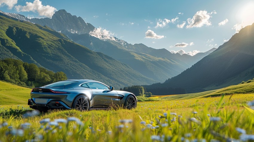 A luxury car parked in a lush green field, with mountains and a clear blue sky in the background Aesthetics (119)