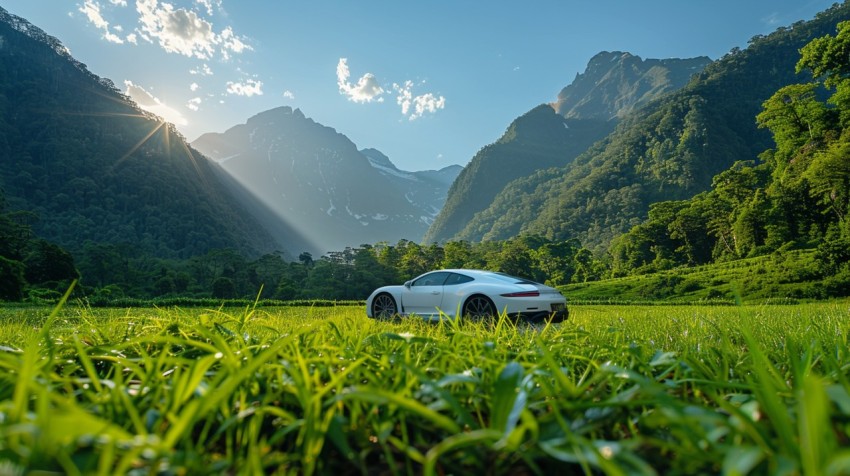 A luxury car parked in a lush green field, with mountains and a clear blue sky in the background Aesthetics (109)