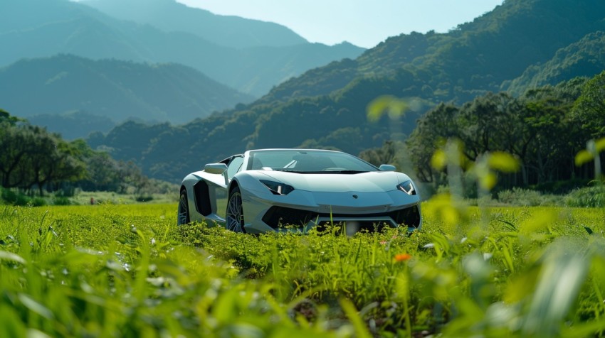 A luxury car parked in a lush green field, with mountains and a clear blue sky in the background Aesthetics (128)