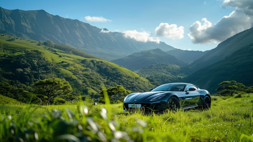 A luxury car parked in a lush green field, with mountains and a clear blue sky in the background Aesthetics (148)