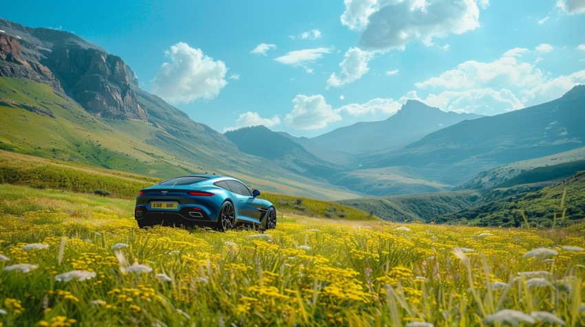 A luxury car parked in a lush green field, with mountains and a clear blue sky in the background Aesthetics (140)