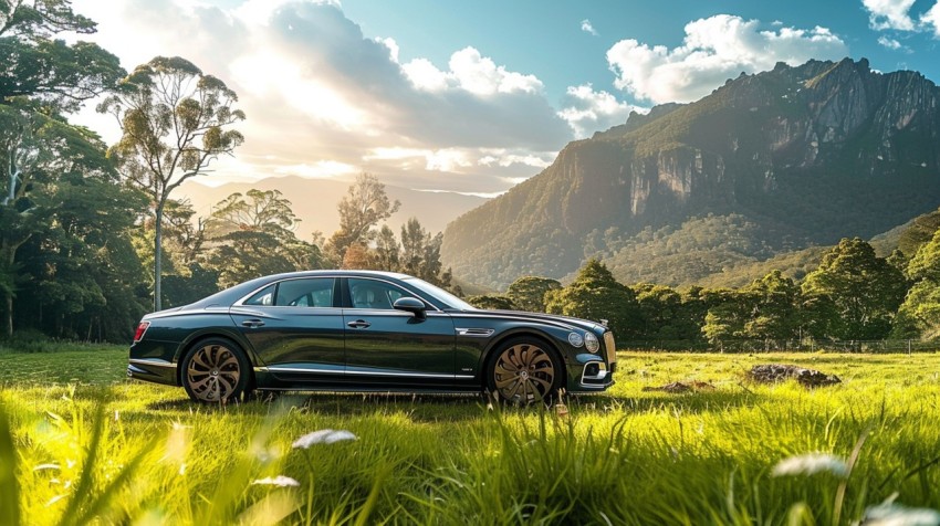 A luxury car parked in a lush green field, with mountains and a clear blue sky in the background Aesthetics (133)