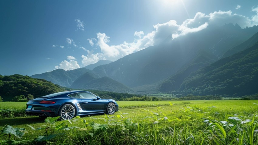 A luxury car parked in a lush green field, with mountains and a clear blue sky in the background Aesthetics (189)