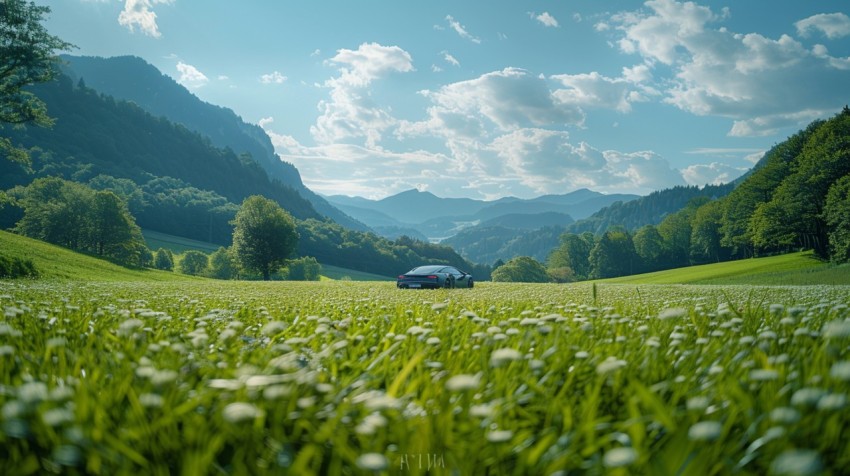 A luxury car parked in a lush green field, with mountains and a clear blue sky in the background Aesthetics (178)