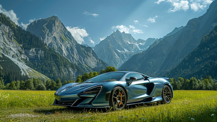 A luxury car parked in a lush green field, with mountains and a clear blue sky in the background Aesthetics (171)