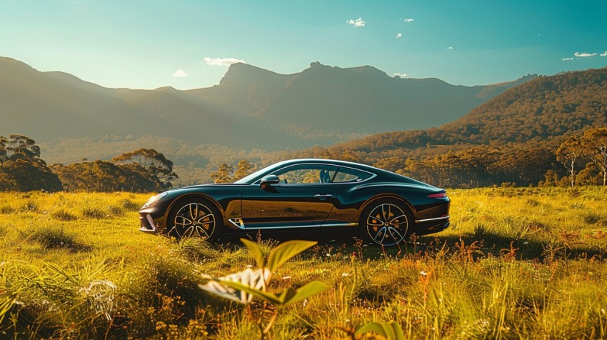 A luxury car parked in a lush green field, with mountains and a clear blue sky in the background Aesthetics (161)