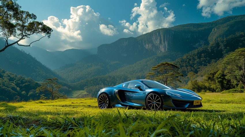 A luxury car parked in a lush green field, with mountains and a clear blue sky in the background Aesthetics (158)