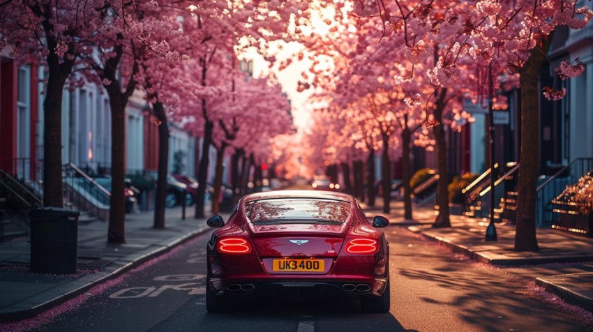 A luxury car parked in a quiet suburban street with cherry blossom trees in full bloom Aesthetics (19)