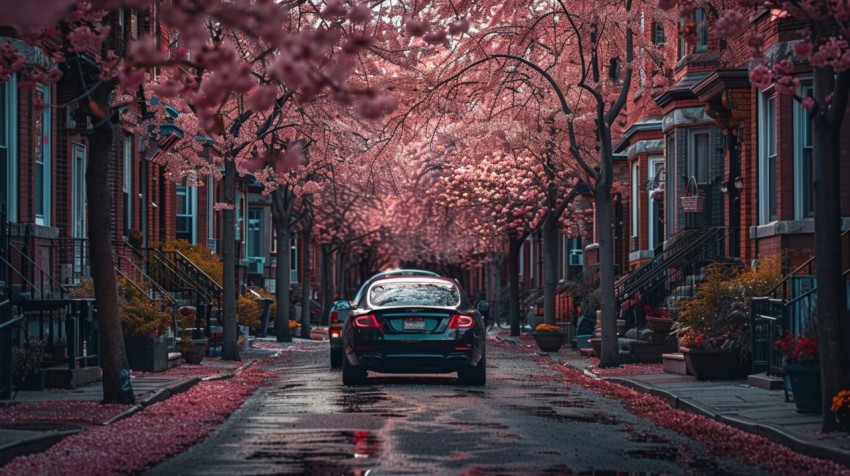 A luxury car parked in a quiet suburban street with cherry blossom trees in full bloom Aesthetics (22)