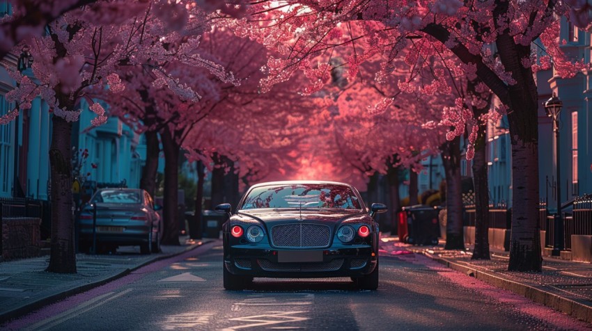 A luxury car parked in a quiet suburban street with cherry blossom trees in full bloom Aesthetics (40)