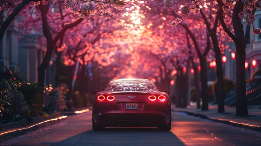 A luxury car parked in a quiet suburban street with cherry blossom trees in full bloom Aesthetics (77)