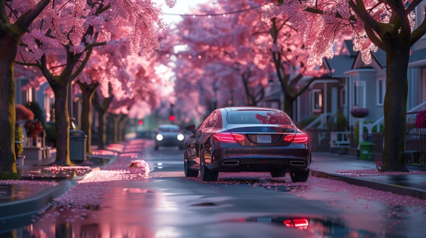 A luxury car parked in a quiet suburban street with cherry blossom trees in full bloom Aesthetics (97)