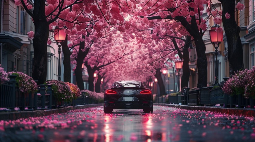 A luxury car parked in a quiet suburban street with cherry blossom trees in full bloom Aesthetics (138)