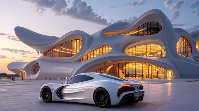 A luxury car parked in front of a contemporary art museum with striking architectural features Aesthetics (65)