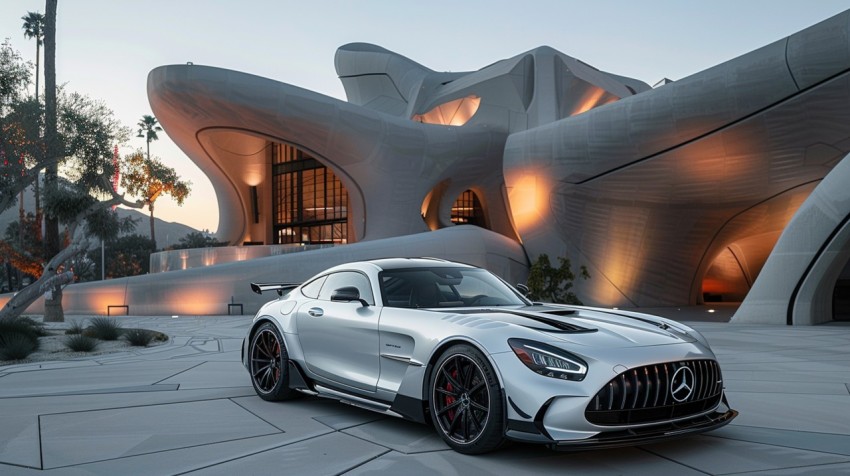 A luxury car parked in front of a contemporary art museum with striking architectural features Aesthetics (66)
