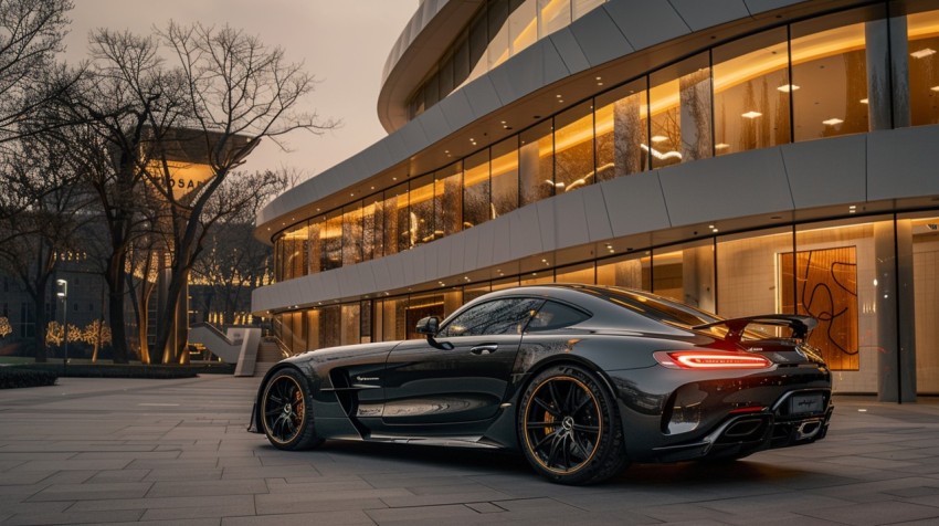 A luxury car parked in front of a contemporary art museum with striking architectural features Aesthetics (59)