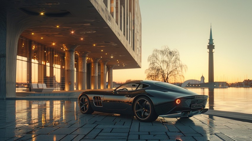 A luxury car parked in front of a contemporary art museum with striking architectural features Aesthetics (67)
