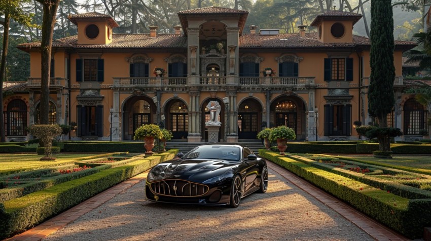 A luxury car parked in front of a grand, historical mansion surrounded by manicured gardens ,car wallpaper (29)