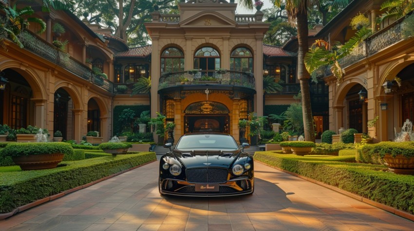 A luxury car parked in front of a grand, historical mansion surrounded by manicured gardens ,car wallpaper (39)
