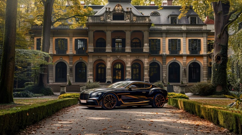 A luxury car parked in front of a grand, historical mansion surrounded by manicured gardens ,car wallpaper (35)