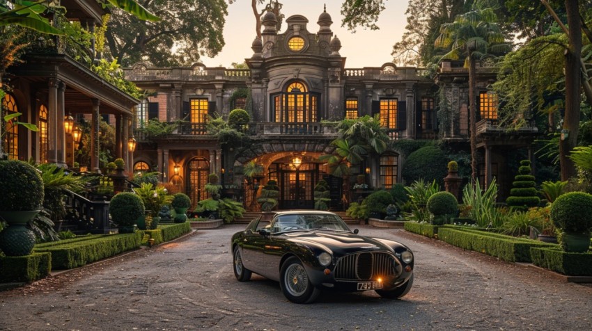 A luxury car parked in front of a grand, historical mansion surrounded by manicured gardens ,car wallpaper (46)