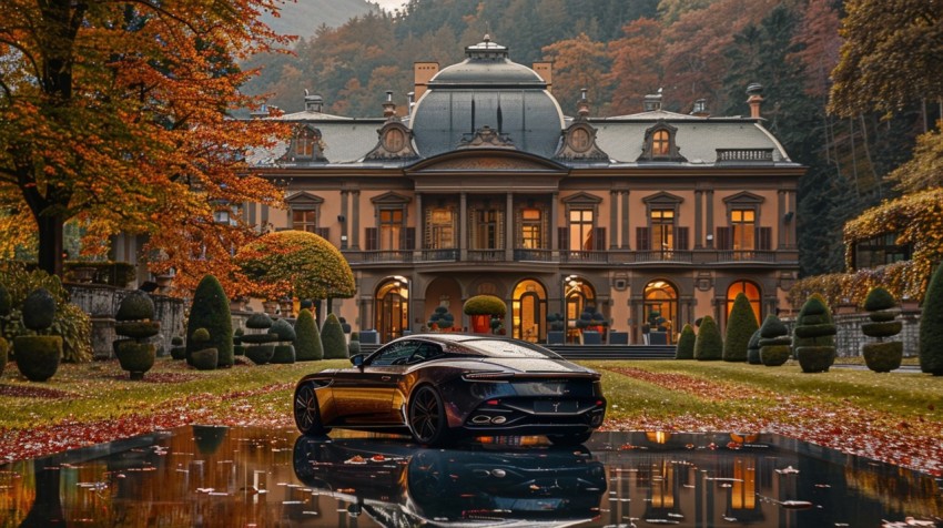 A luxury car parked in front of a grand, historical mansion surrounded by manicured gardens ,car wallpaper (73)