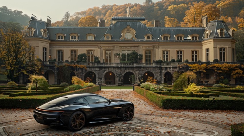 A luxury car parked in front of a grand, historical mansion surrounded by manicured gardens ,car wallpaper (111)